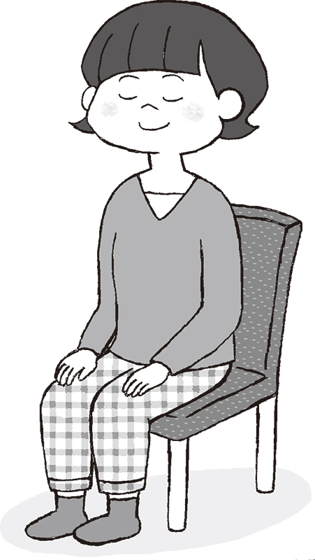 椅子に腰かけ、ひざに手を追いて目をつぶって瞑想している女性のイラスト