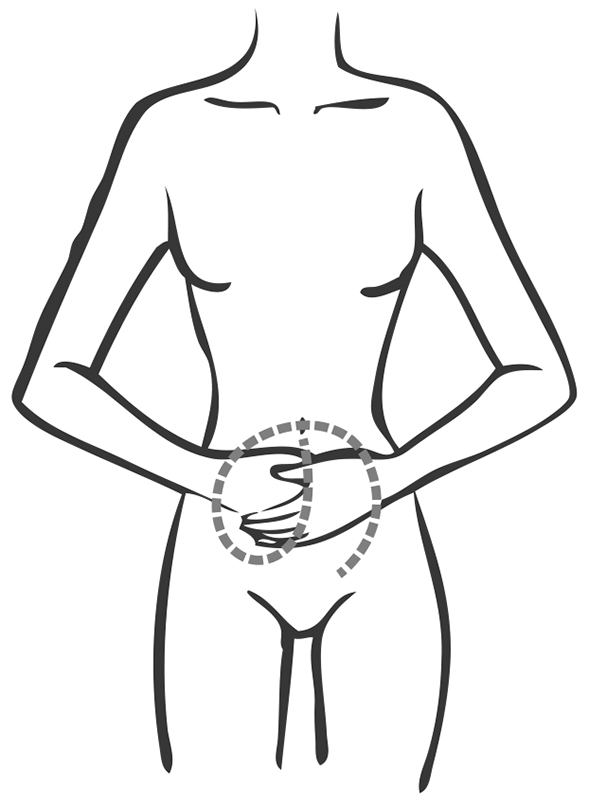 お腹に両手の手のひらを当て、「の」の字を描くようにマッサージする女性のイラスト