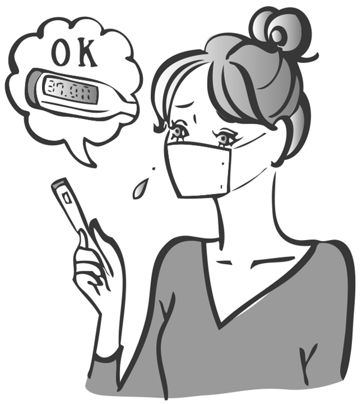 マスクをした女性が,37.00度を示す体温計を持って、「OK」と言っているイラスト