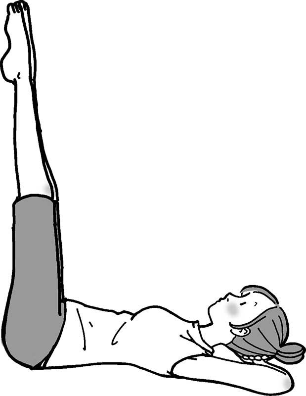 仰向けになり、両手を後頭部に当て、両足を垂直に上げている女性のイラスト