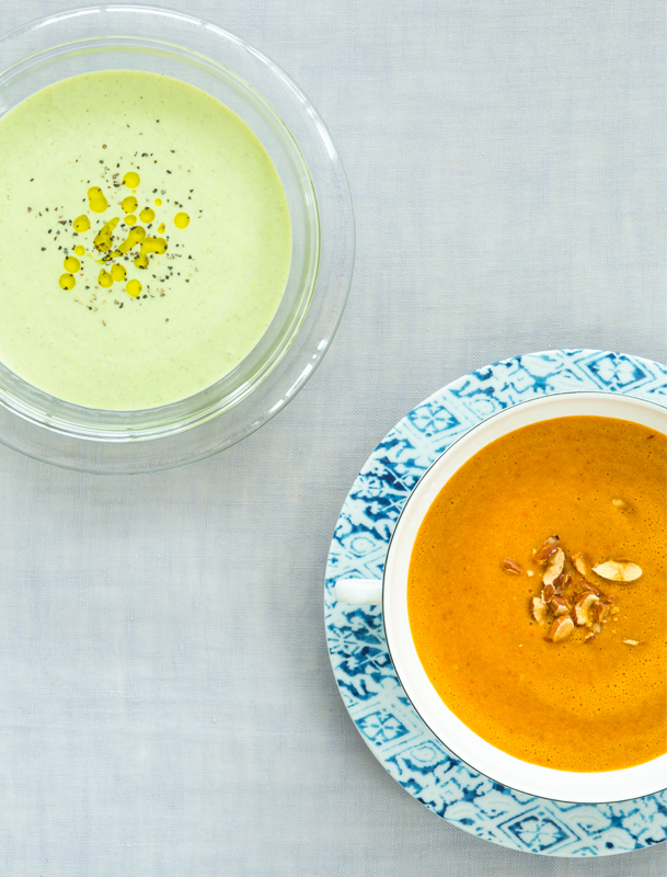 「枝豆とズッキーニのむくみすっきり冷製豆乳スープ」（左上）と「パプリカの美肌冷製スープ」