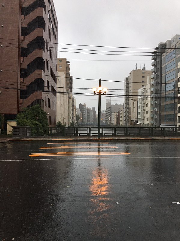 台風が直撃した日の街中
