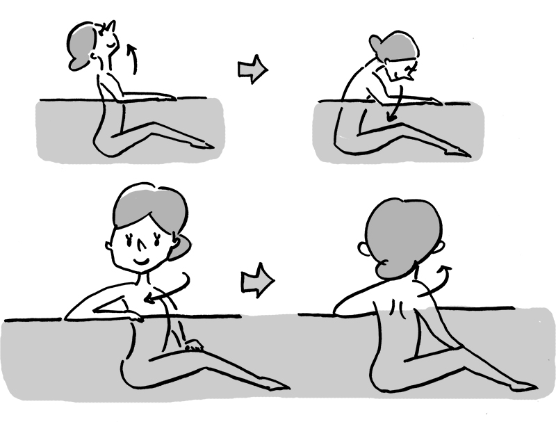 浴槽で首を倒すエクササイズや、身体をひねる運動をしている女性のイラスト
