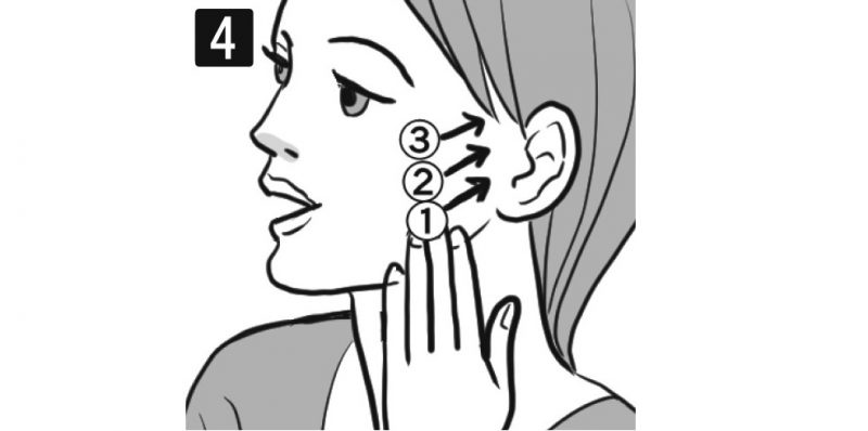 口を開けてえら付近の骨に指を当て、耳の方向に手をすべらせる女性の顔イラスト