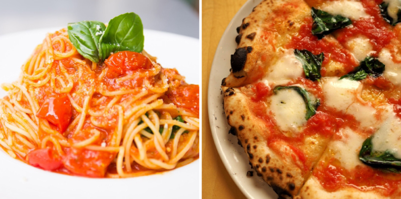 トマトソースのスパゲッティとマルゲリータピザ