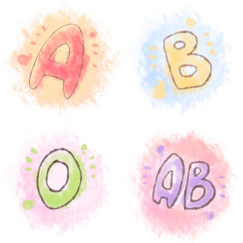 A・B・O・ABをクレヨンで描いたイラスト