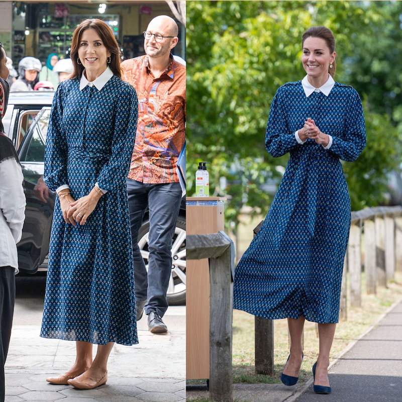 キャサリン妃とデンマークのメアリー妃が同じワンピースを着ているということを示す写真2枚