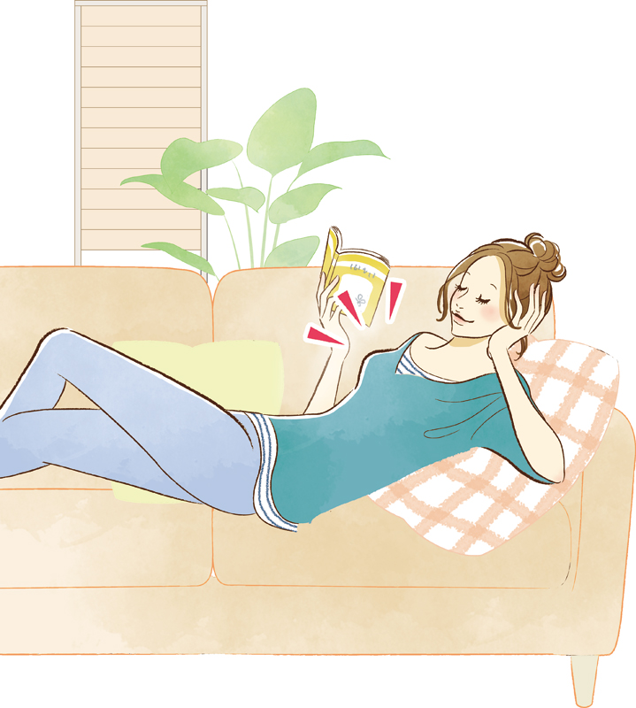 家で本を読んでリラックスしている女性のイラスト