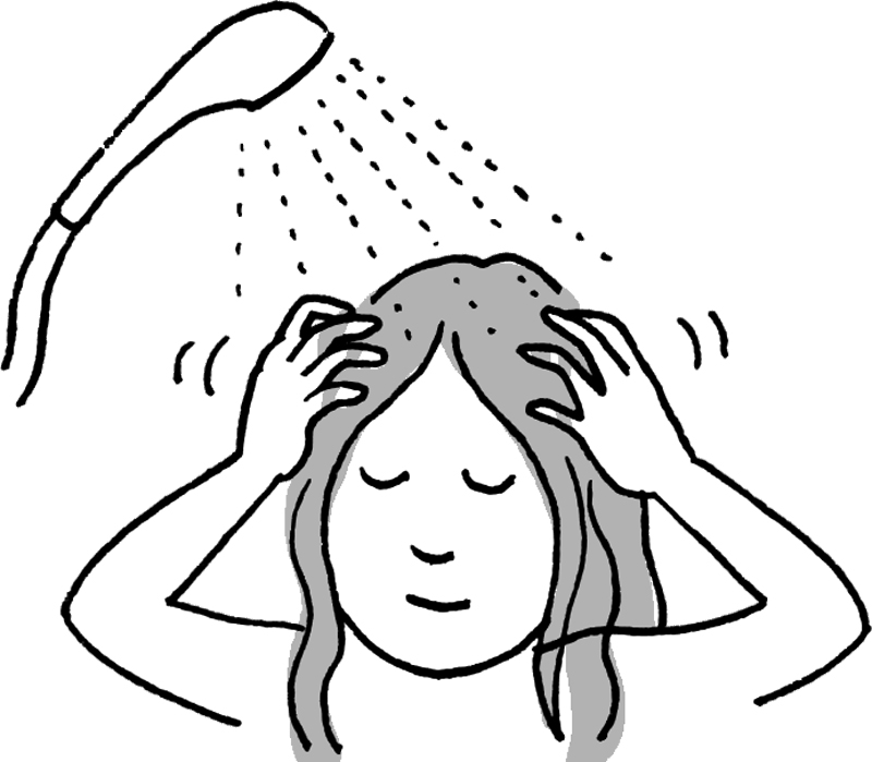 頭にシャワーを浴びる女性のイラスト