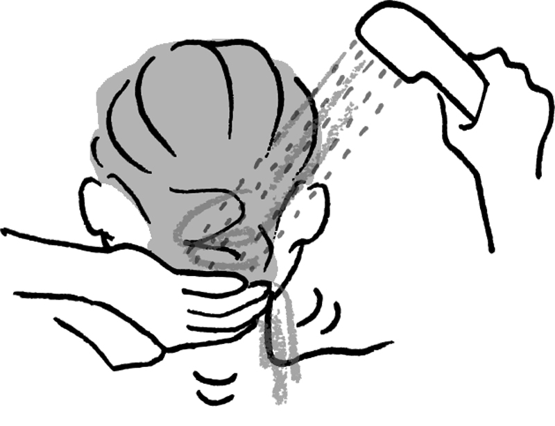 髪の毛にシャワーをあてる女性のイラスト