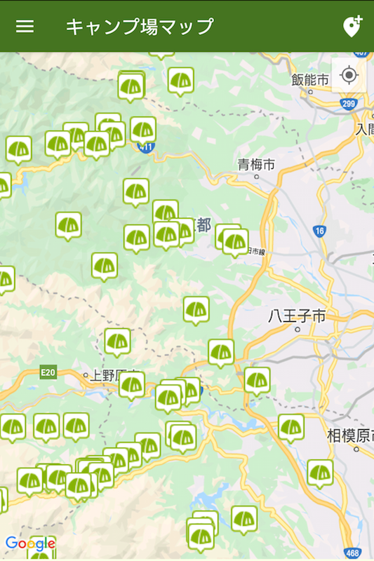 アプリ「キャンプ場マップ・バーベキュー場検索」のトップ画面