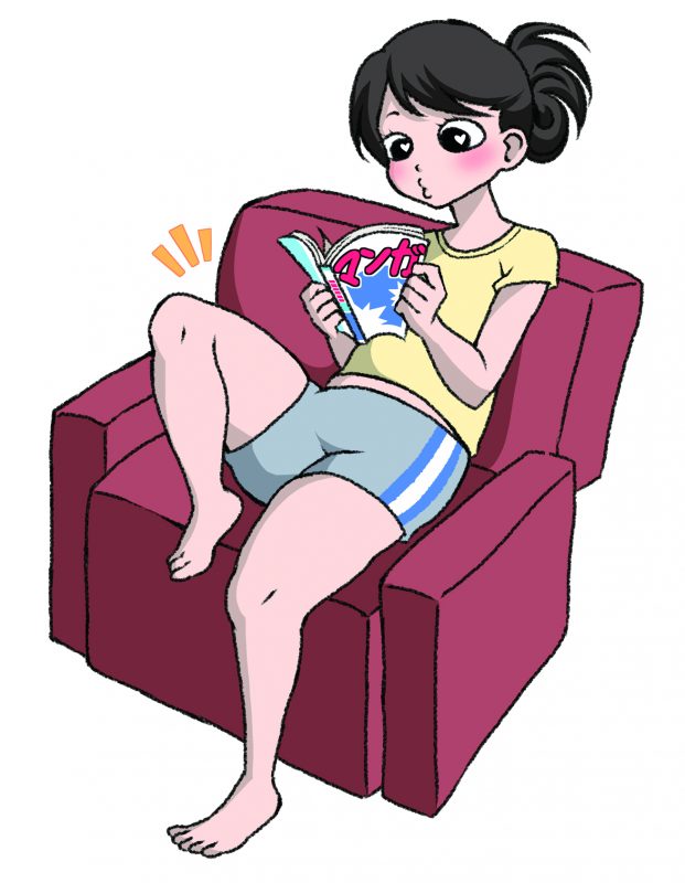 背中の上部だけを背もたれに当てて、浅く腰かけ漫画を読む女性のイラスト