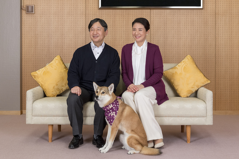 ソファに腰掛ける天皇陛下と雅子さまと寄り添う愛犬