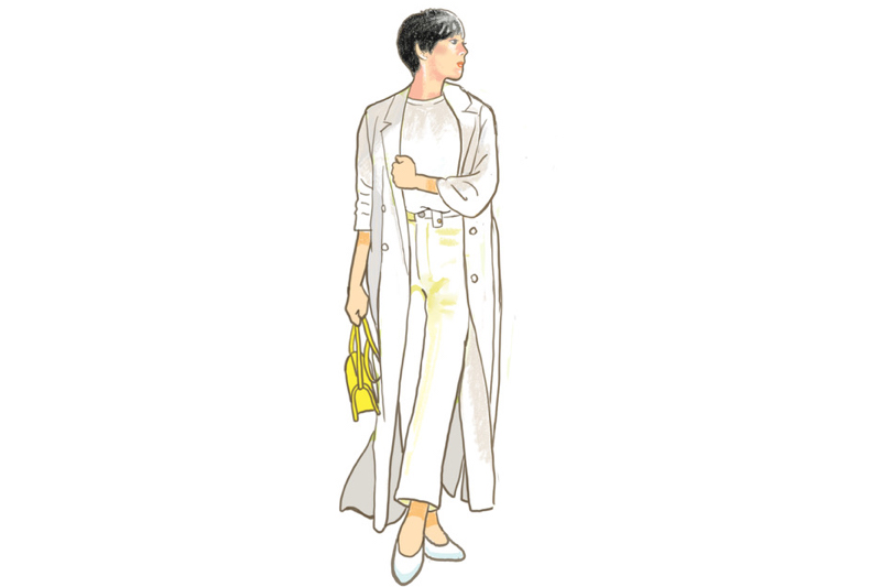 白トップスに白のパンツ、白のロングジレと白のパンプスをはいて、黄色のバッグを持ったショートカットの女性のイラスト