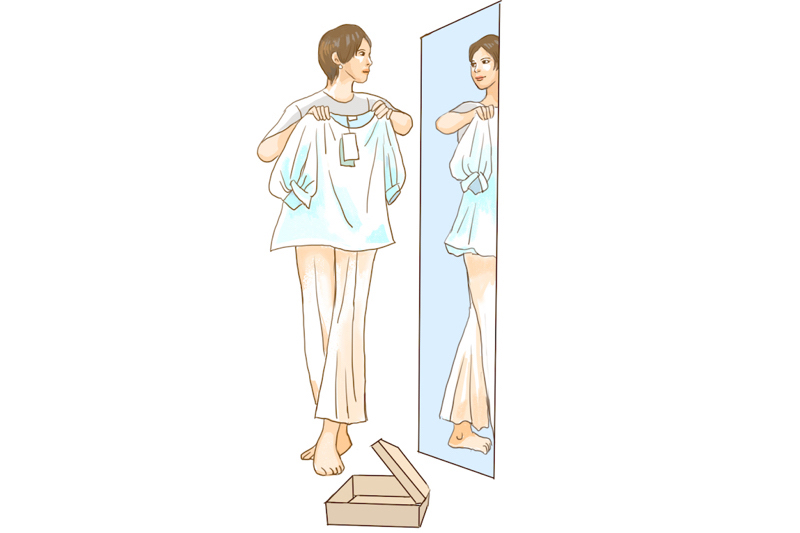 購入したトップスを手持ちのパンツと合わせ鏡で見ている女性のイラスト