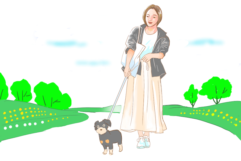 公園で犬の散歩をしている、黒のナイロンパーカに白のTシャツ、ベージュのスカート、白のスニーカーをはいた女性のイラスト
