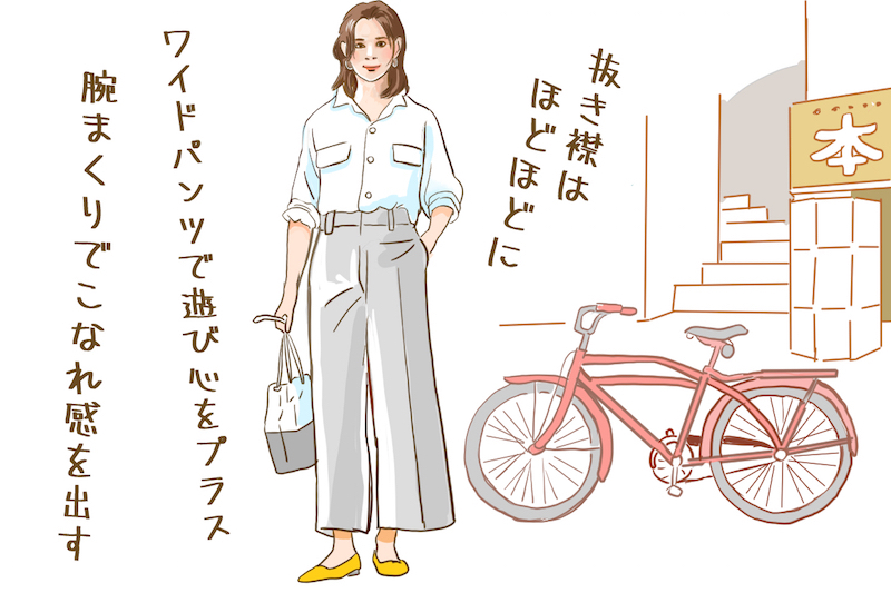 グレーのワイドパンツに白のshirtを着て、黄色い靴を履いて、立っている女性や自転車、本屋などのイラスト