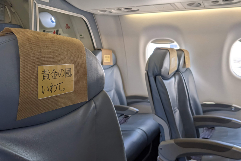 FDAの機内シートは革張り。就航地を紹介した機内誌は高級なガイドブックのよう
