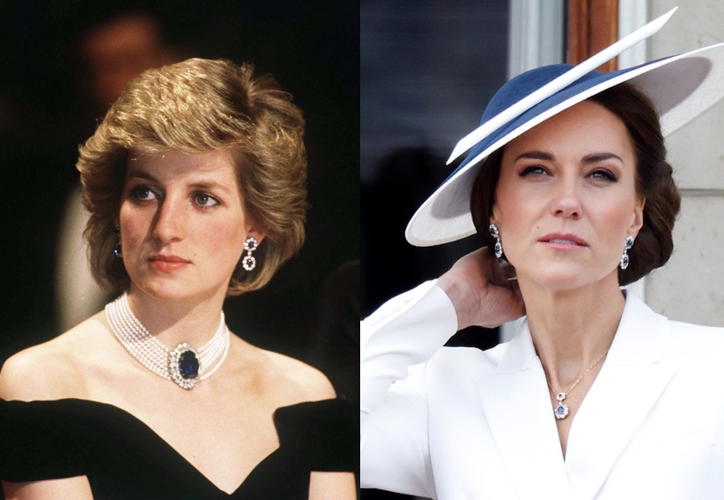 サファイアのイヤリングにサファイアのネックレスを合わせるダイアナ元妃とキャサリン皇太子妃（左写真：1986年4月16日、右写真：2022年6月2日、Ph／GettyImages）