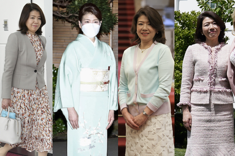 岸田裕子夫人の外交ファッション（右から2023年4月19日　2022年5月23日、Ph／GettyImages　2023年3月16日　2023年4月17日、Ph／AFLO）