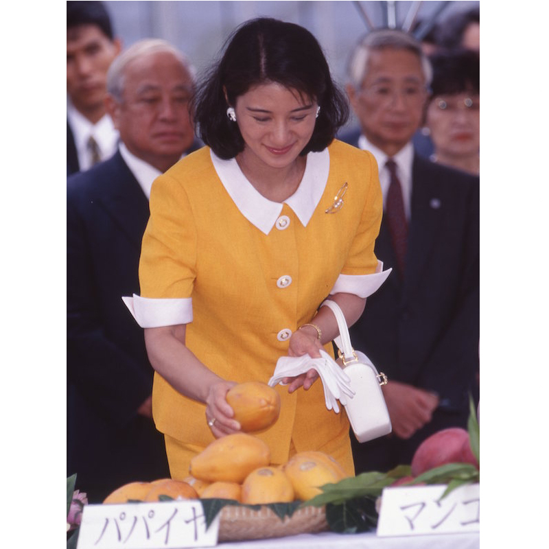 手にとったパパイヤと洋服の色味がリンク（1997年7月16日、Ph／JMPA）