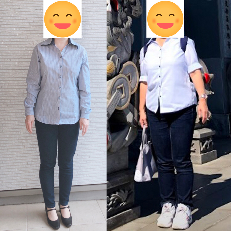 62kgから49kgと13kgの減量に成功した女性　左がアフター、右がビフォー