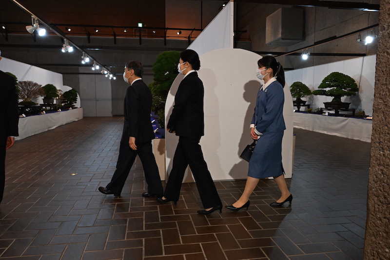 東京・上野の東京都美術館で開かれている「第98回国風盆栽展」を観賞される天皇皇后両陛下と愛子さま
