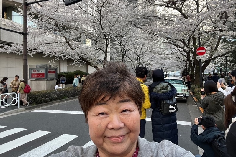 春を満喫中のオバ記者（写真は日本橋の「江戸桜通り」の桜並木）